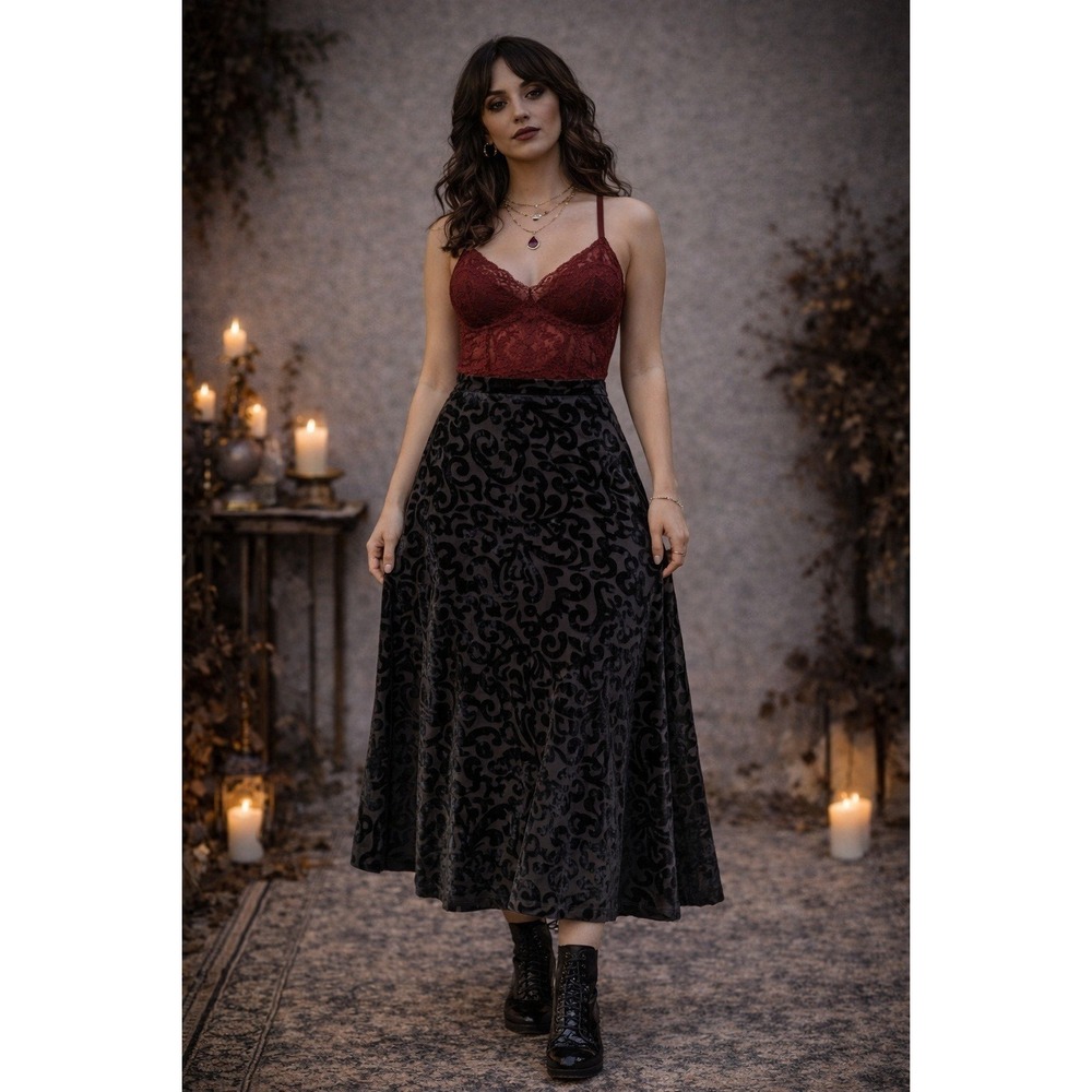 Whimsigoth Fairygrunge Jones New York Black Velvet Burnout Women's Midi M Skirt